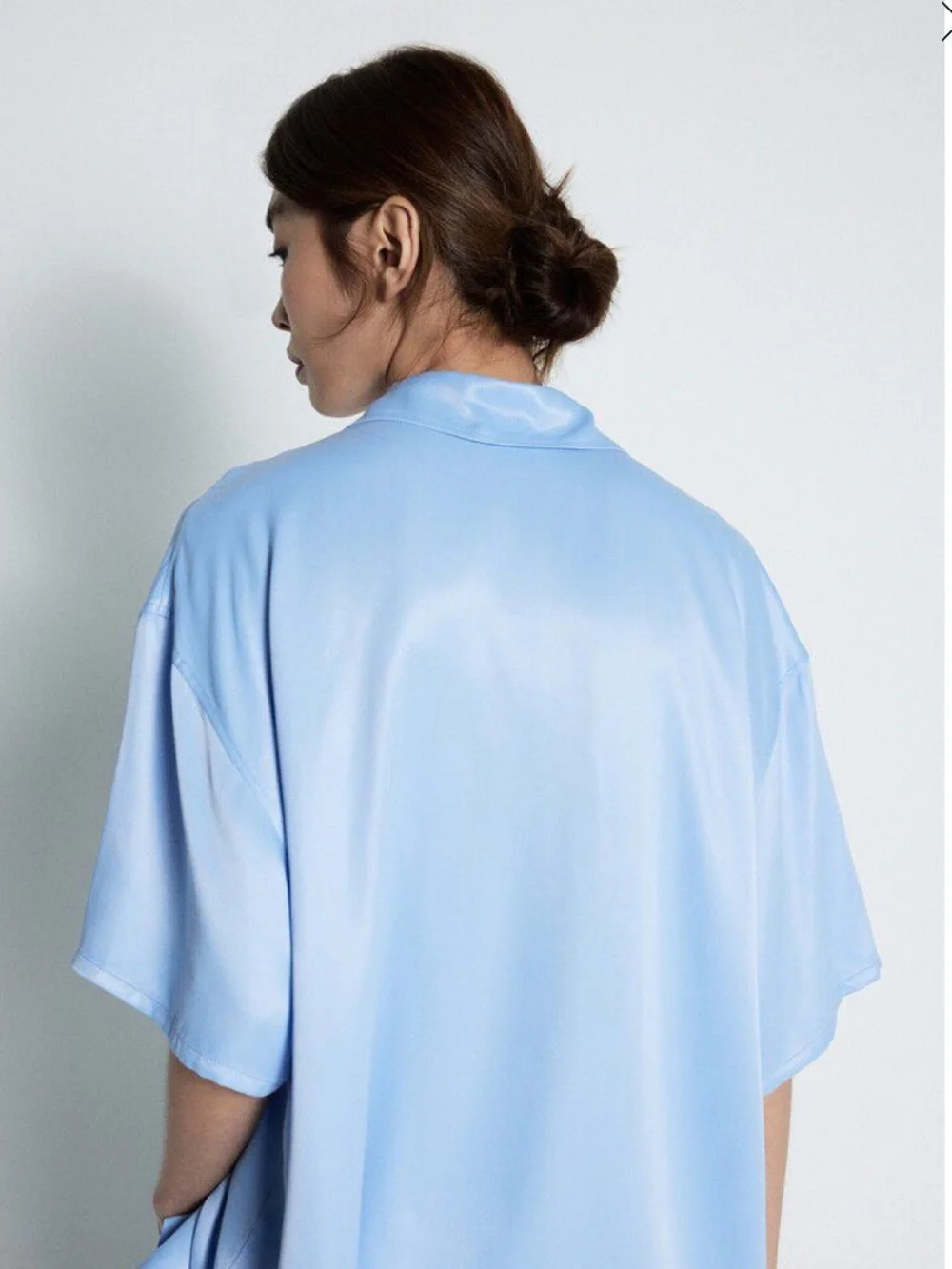 Silky Light Blue Button-Down Shirt for Sleep or Beach